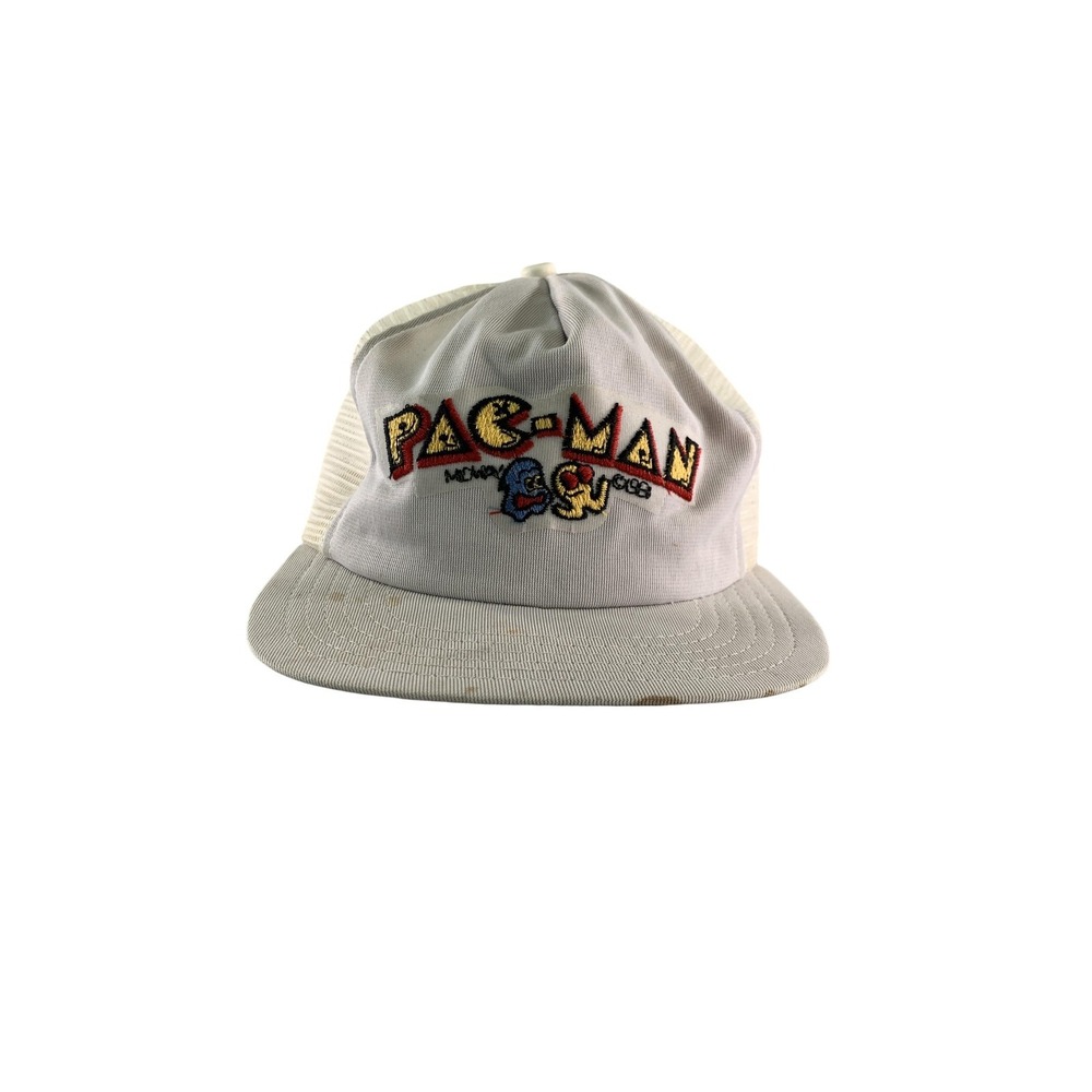 VINTAGE Pac-Man Hat Cap Snap Back White Trucker Mesh Embroidered Arcade Mens 90s